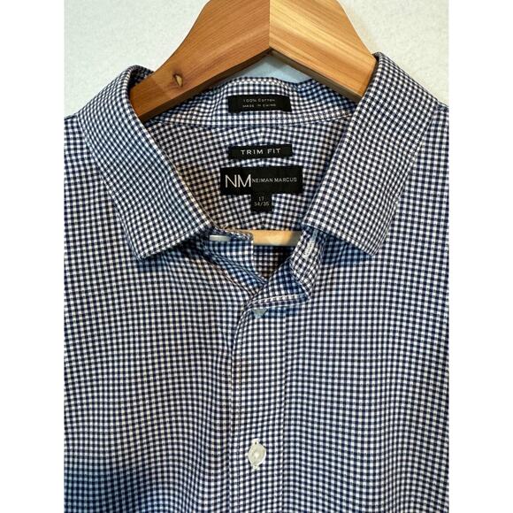Neiman Marcus Mens Large Blue White Plaid Trim Fit Button Up Shirt 17 34/35 - Picture 6 of 11